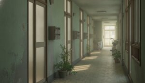 古いアパートの外廊下に朝の光が差し込む様子（イメージ）