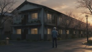 賃貸アパートの外観を見上げる管理者の後ろ姿（イメージ）