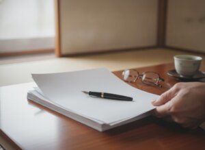 机の上の白紙の書類とペン（イメージ）